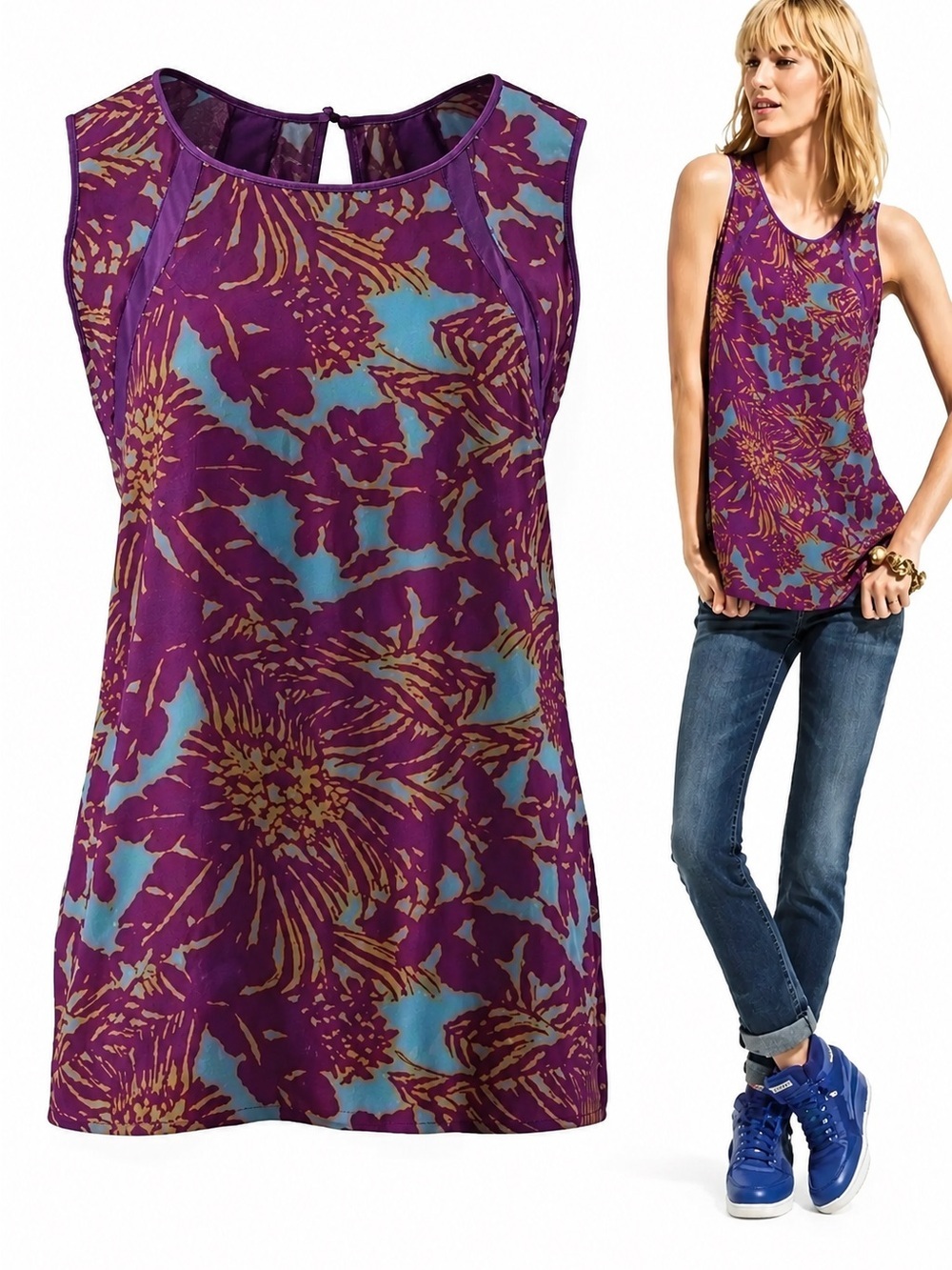 CAbi 54077 Purple Floral Tank with Teal and Gold Accents Small Rayon